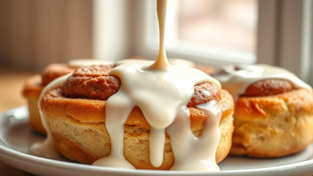 hero: creamy white cream cheese glaze dripping over warm cinnamon rolls, photorealistic, natural window light streaming from left, shallow depth of field, no text or watermarks