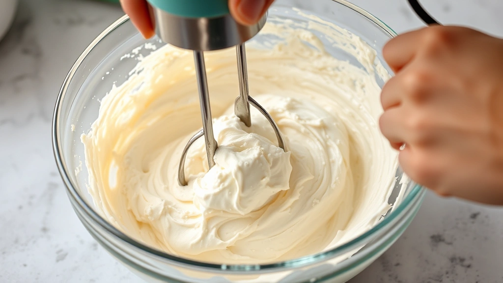 process: hand using electric mixer to blend cream cheese and butter in glass bowl, photorealistic, bright kitchen lighting, focused on whipped texture, no text