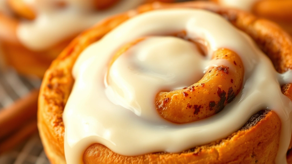 detail: close-up of silky cream cheese glaze coating a cinnamon roll with glossy finish, photorealistic, macro photography, warm golden hour lighting, no text