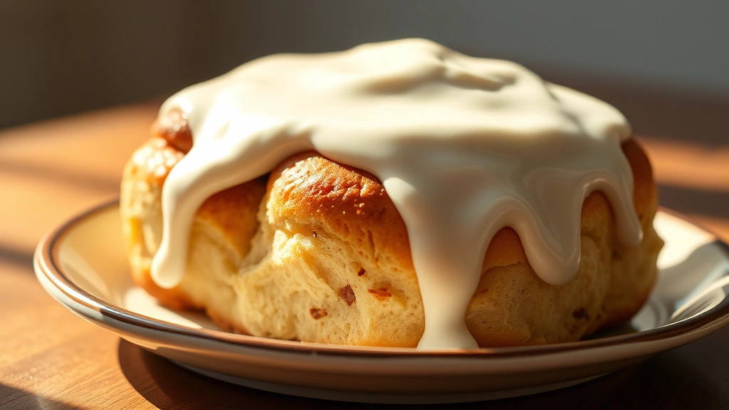 hero: warm cinnamon rolls topped with thick layer of white cream cheese icing, melting slightly, fresh from oven, golden brown rolls, natural morning light streaming across plate, shallow depth of field