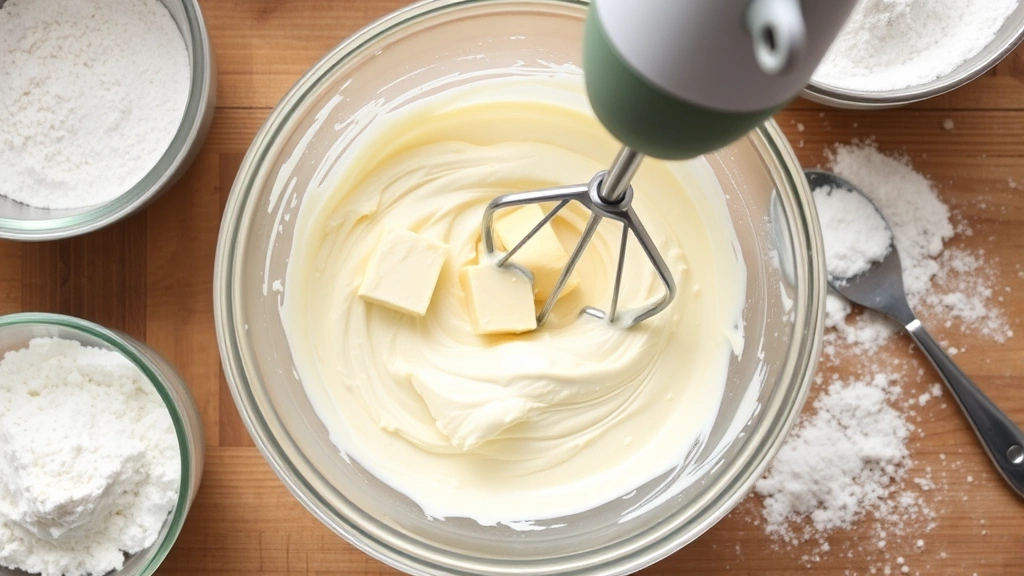 process: mixing cream cheese and butter in glass bowl with electric mixer, smooth pale mixture, overhead shot, natural kitchen window light, flour and powdered sugar visible nearby