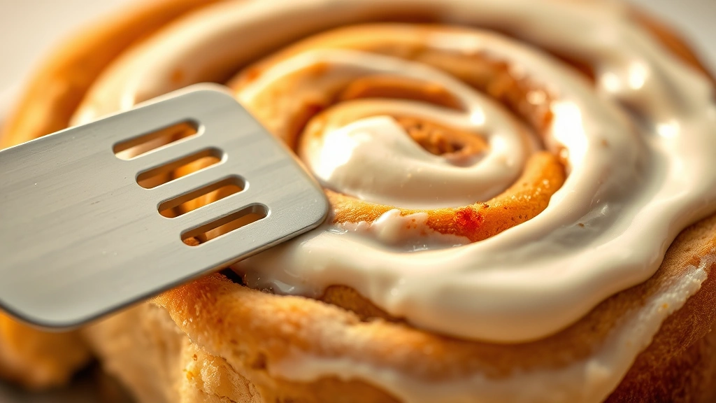 detail: close-up macro shot of creamy white frosting being spread on warm cinnamon roll with offset spatula, frosting melting into roll crevices, golden cinnamon swirls visible, warm golden hour lighting