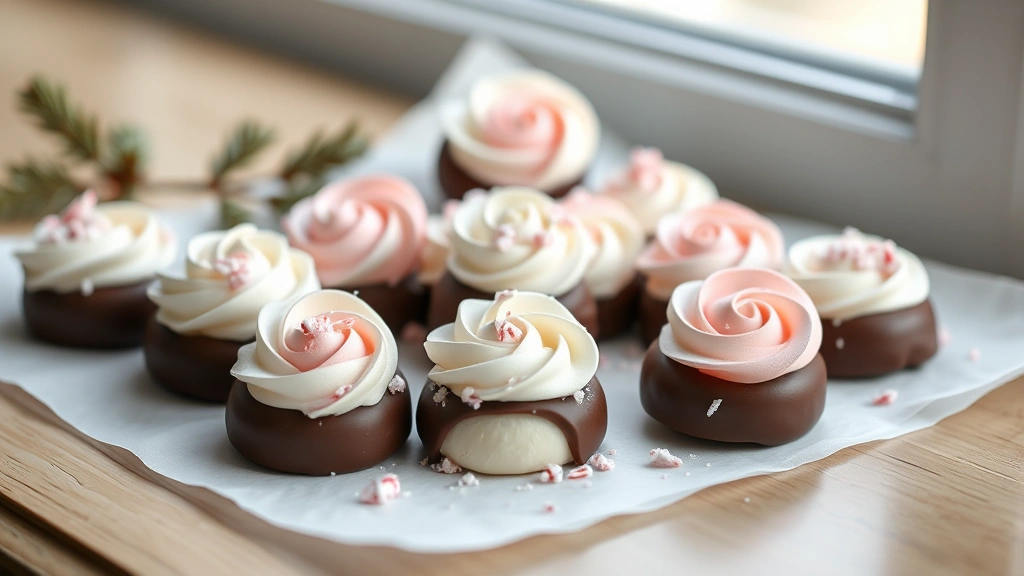 hero: beautiful arrangement of cream cheese mints with white and pale pink rosettes, some dipped in dark chocolate with crushed candy cane topping, on white parchment paper, soft natural window light, shallow depth of field, elegant and refined styling