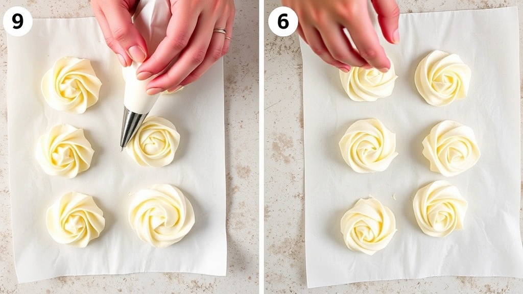 process: hands piping cream cheese mixture into rosette shapes onto parchment paper using star pastry tip, piping bag visible, overhead angle, natural diffused lighting, shows the technique clearly