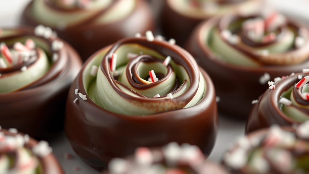 detail: close-up macro shot of single cream cheese mint rosette dipped in dark chocolate with candy cane sprinkles, shallow focus on the texture and detail, warm natural light, professional food photography style