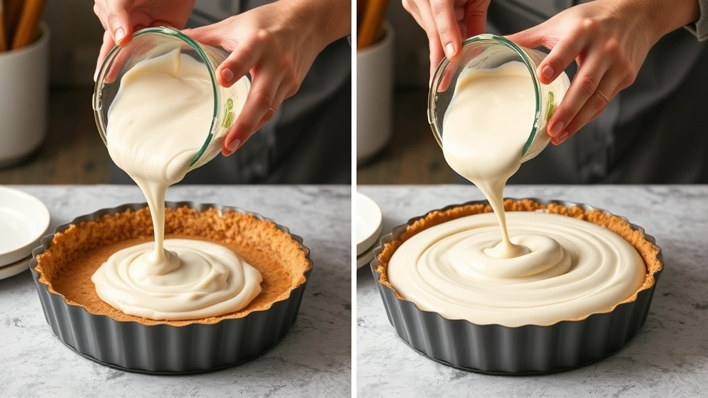 process: hands pouring silky cream cheese filling into graham cracker crust in springform pan, mid-pour action shot, photorealistic, natural kitchen lighting, no text