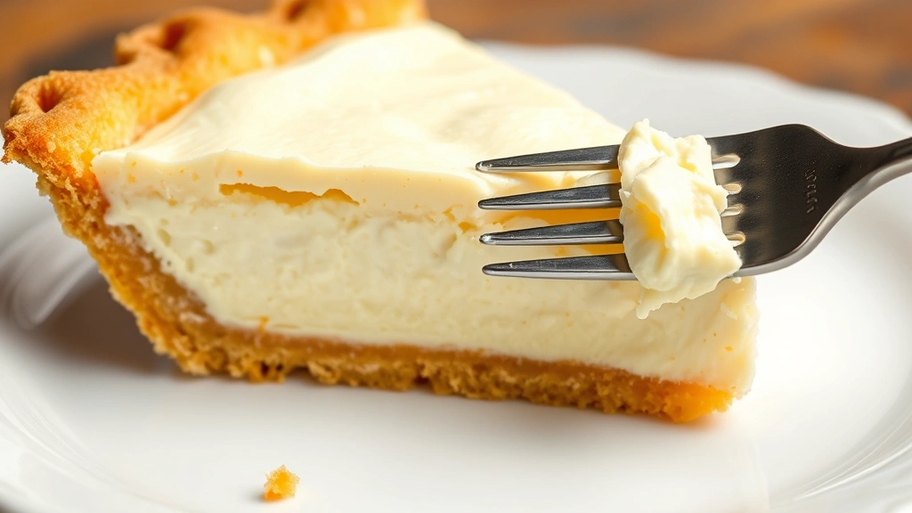 detail: close-up cross-section slice of cream cheese pie showing layers - golden crust, creamy filling, fork with bite, photorealistic, natural light, no text