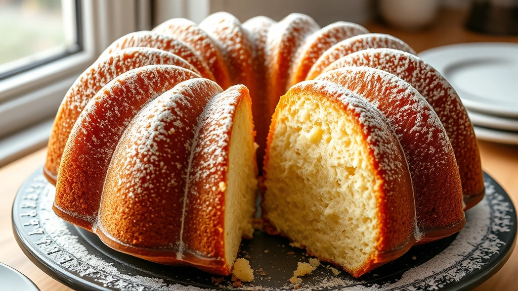 hero: golden brown cream cheese pound cake with perfect texture, dusted with powdered sugar, sliced to show tender moist crumb, bundt pan, photorealistic, natural window light, no text
