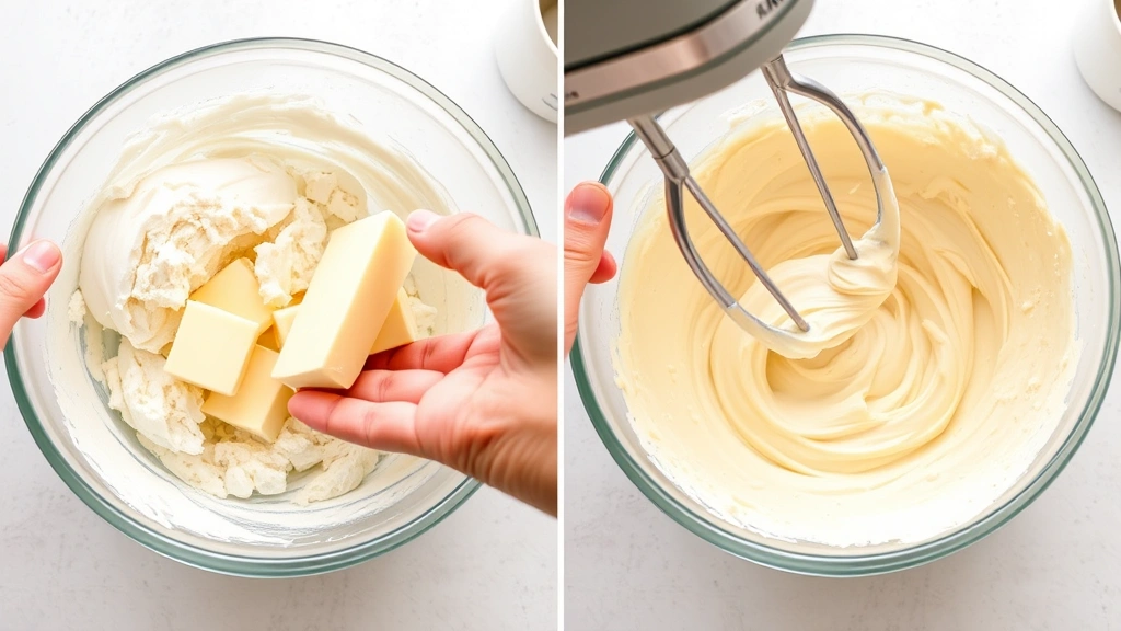 process: hands creaming butter and cream cheese together in mixing bowl, fluffy pale mixture, electric mixer visible, photorealistic, bright kitchen light, no text