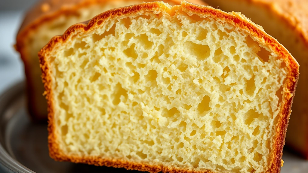 detail: close-up cross-section of cream cheese pound cake showing fine tender crumb structure and even baking, photorealistic, natural light, no text