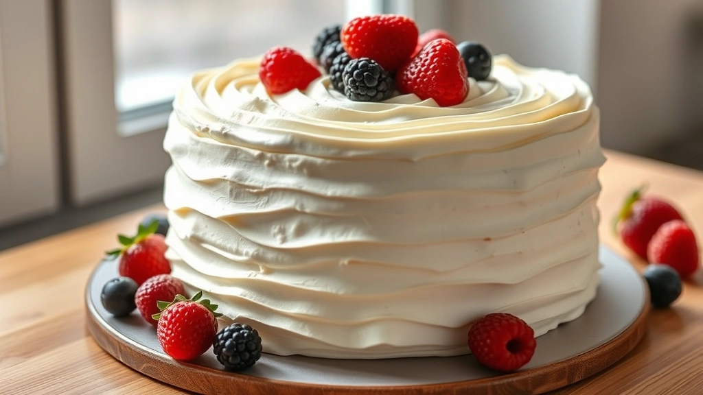 hero: beautiful layer cake frosted with swirls of cream cheese frosting, garnished with fresh berries, photorealistic, natural window light, no text, professional bakery style