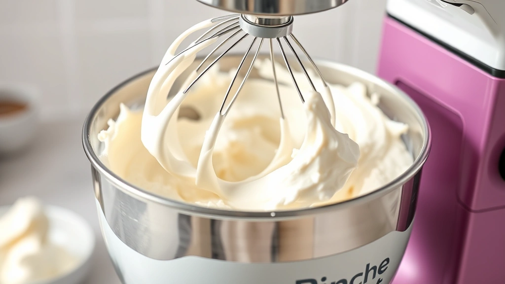 process: electric mixer beating fluffy cream cheese frosting, close-up of paddle attachment, creamy texture visible, photorealistic, bright kitchen lighting, no text