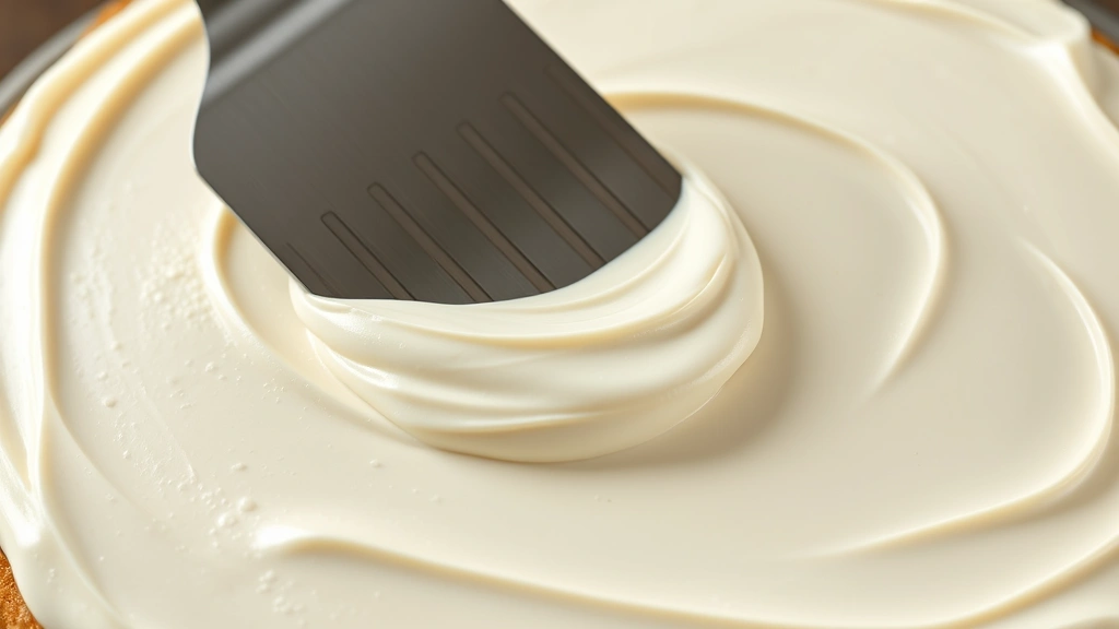 detail: offset spatula spreading smooth cream cheese frosting on cake layer, showing texture and consistency, photorealistic, natural light, no text