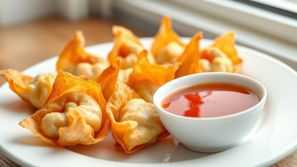 hero: golden-brown crispy cream cheese wontons arranged on white plate with sweet and sour sauce in small bowl, photorealistic, natural window light, no text, appetizing