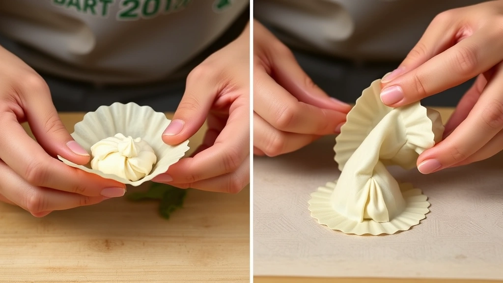 process: hands folding wonton wrapper with cream cheese filling, showing classic wonton shape technique, photorealistic, warm kitchen lighting, no text