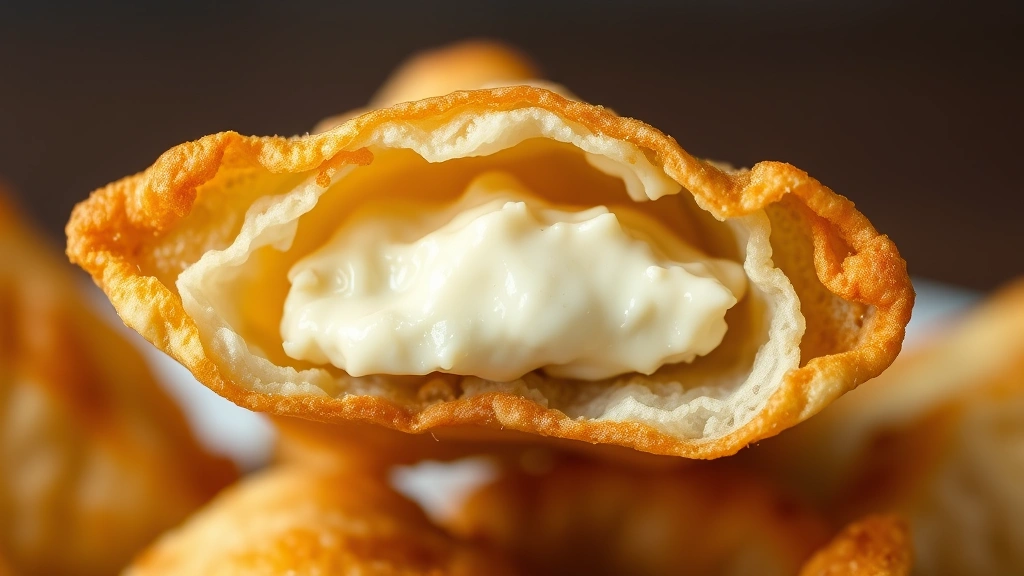 detail: close-up cross-section of fried cream cheese wonton showing crispy golden exterior and creamy filling interior, photorealistic, natural light, no text