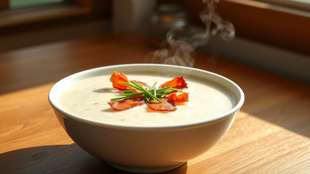 hero: creamy celery soup in a white bowl with fresh chives and crispy bacon garnish, steam rising, natural window light, wooden table background