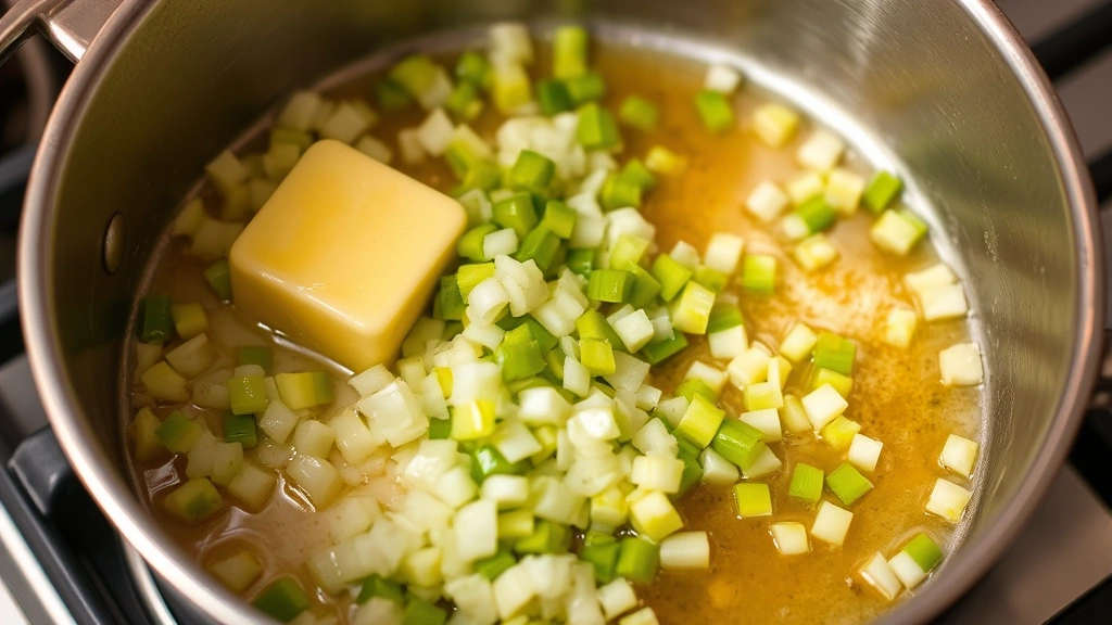process: butter melting in pot with diced celery and onions being stirred, golden light from stovetop, in-progress cooking shot