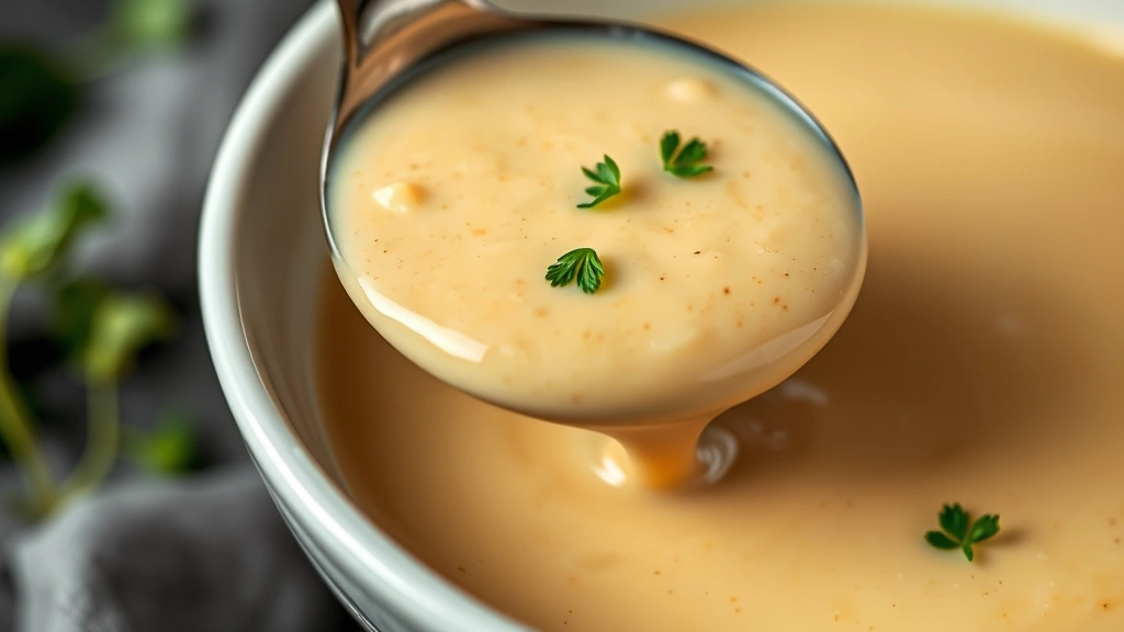 detail: close-up of silky smooth soup being ladled into a white bowl, showing rich cream color and texture, garnished with fresh herbs