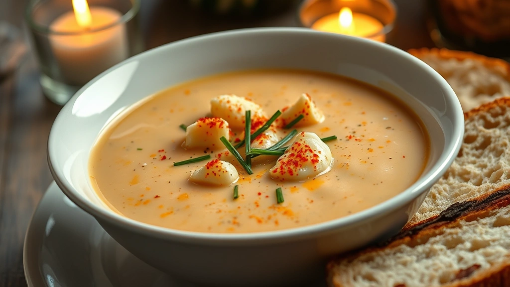 hero: creamy crab soup in white bowl, garnished with fresh chives and paprika, crusty bread beside, warm candlelight, photorealistic, natural light, no text