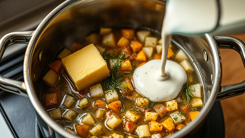 process: butter melting in pot with diced vegetables cooking, aromatic herbs visible, cream being poured, photorealistic, natural light, no text