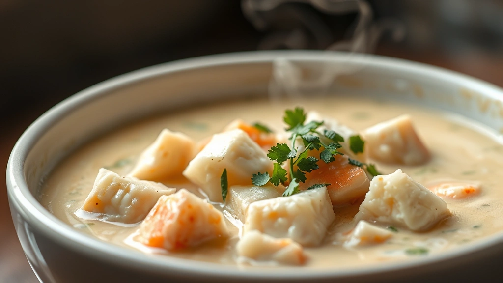 detail: close-up of lump crab meat in creamy soup, fresh herbs garnish, steam rising, photorealistic, natural light, no text