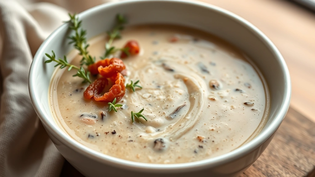 hero: creamy mushroom soup in a white bowl with fresh thyme and bacon garnish, photorealistic, natural window light, no text, professional food photography