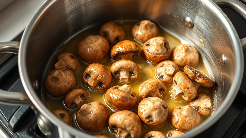 process: mushrooms browning in butter in a stainless steel pot, golden crust visible, photorealistic, natural light, no text