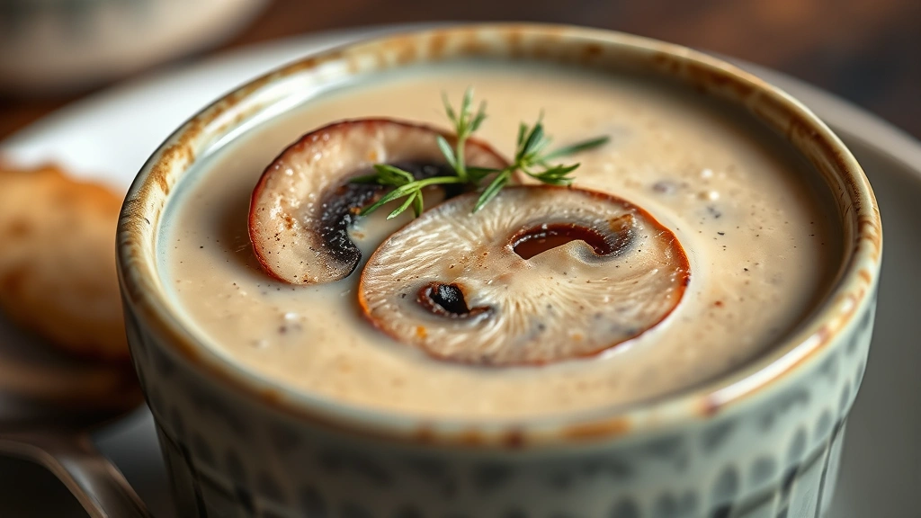 detail: close-up of cream of mushroom soup with mushroom slice and herb garnish, photorealistic, natural light, no text, shallow depth of field
