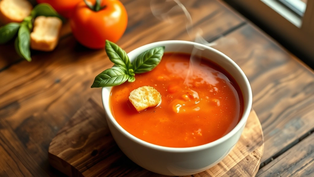 hero: creamy tomato soup in a white ceramic bowl, garnished with fresh basil leaf and croutons, steam rising from bowl, photographed from above with soft natural window light, rustic wooden table background, photorealistic, no text