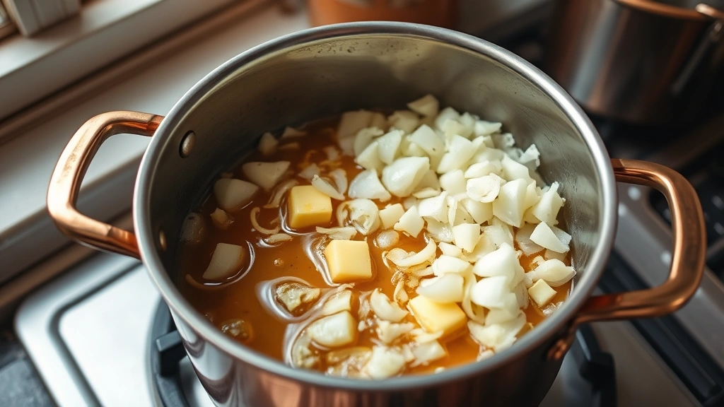 process: butter melting in pot with diced onions and garlic, copper pot on stovetop with natural light from kitchen window, showing caramelization, photorealistic, no text