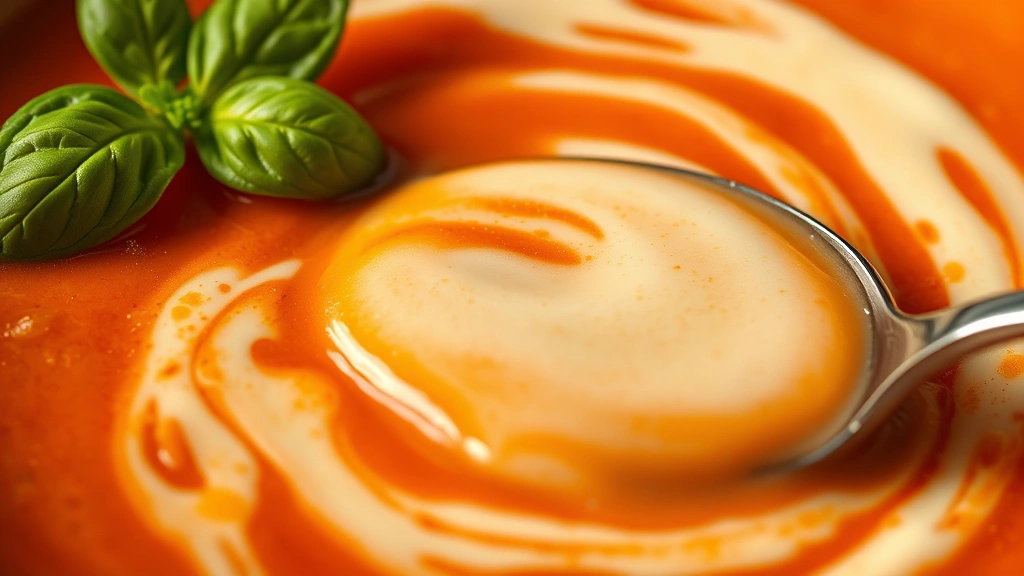 detail: close-up of silky tomato soup with heavy cream swirl and fresh basil garnish, spoon dipping into rich creamy texture, warm lighting emphasizing color and texture, photorealistic, no text