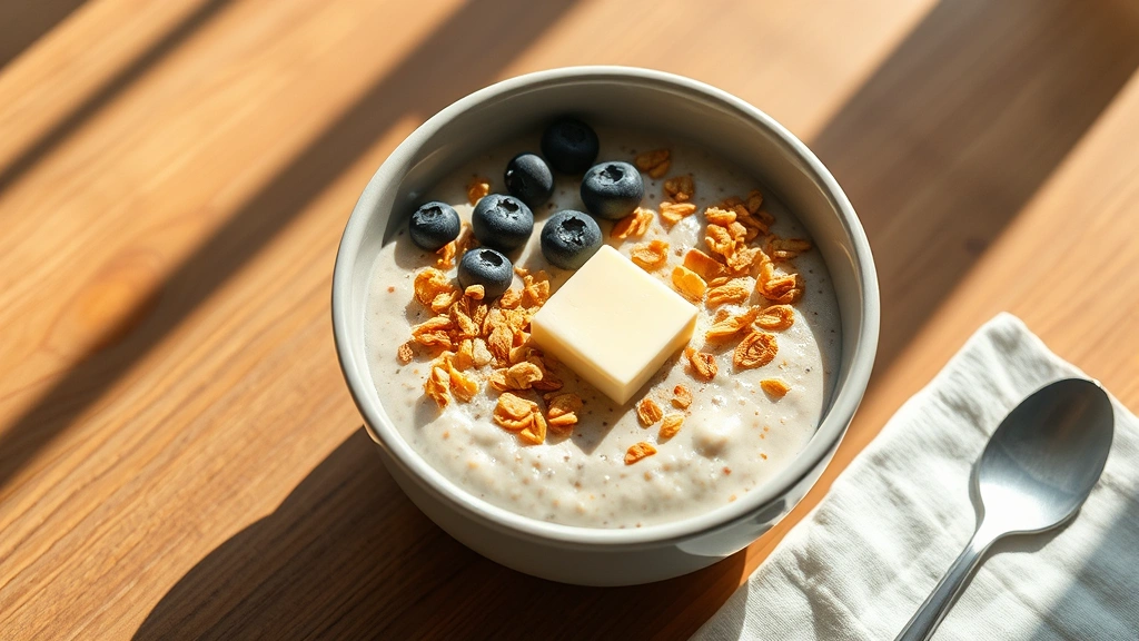 hero: steaming bowl of cream of wheat topped with fresh blueberries, granola, and a pat of butter, photographed from above with morning sunlight streaming across wooden breakfast table, photorealistic, natural light, no text