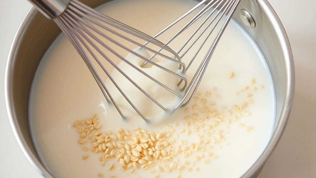 process: whisk stirring cream of wheat into boiling milk in stainless steel saucepan, cream-colored cereal swirling into white liquid, action shot mid-stir, photorealistic, natural light, no text