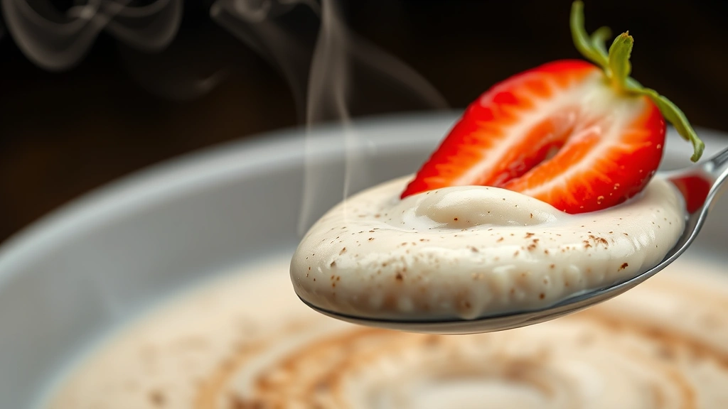 detail: close-up spoonful of creamy warm cream of wheat with cinnamon swirl and single fresh strawberry balanced on top, steam rising, photorealistic macro photography, natural light, no text