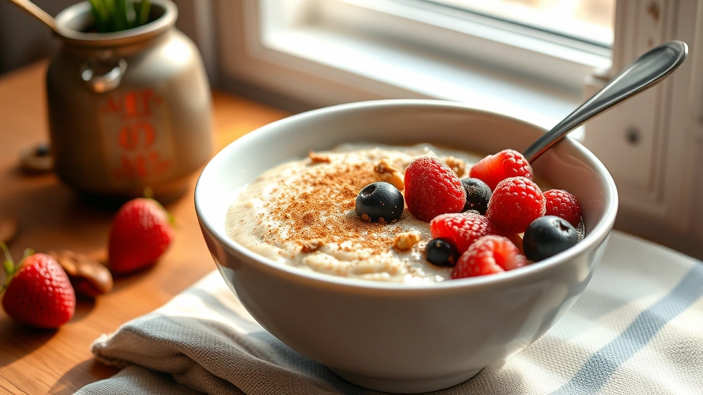 hero: bowl of creamy Cream of Wheat topped with cinnamon sugar, fresh berries, and toasted nuts, served in a white ceramic bowl with a spoon, warm morning light from window, cozy breakfast setting