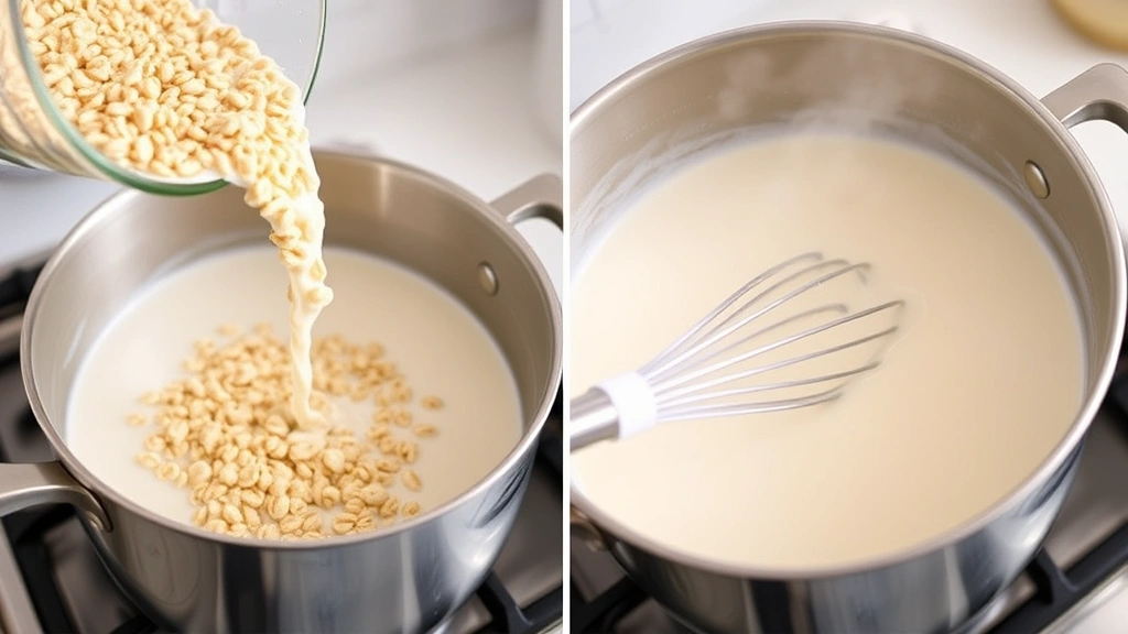 process: pouring cereal and water slurry into simmering milk while stirring with whisk, steam rising, close-up of pot on stovetop, natural kitchen lighting