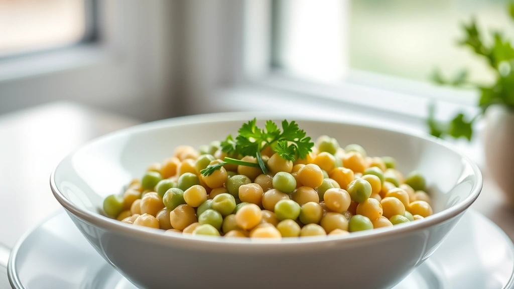hero: creamy peas in a white bowl garnished with fresh parsley and chives, soft natural window light, shallow depth of field, elegant plating, photorealistic, no text