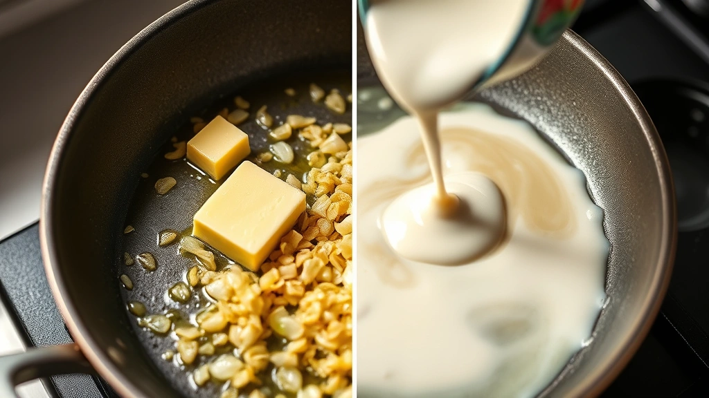 process: butter and shallots sizzling in a skillet, cream being poured into the pan, photorealistic cooking action, natural kitchen light, no text