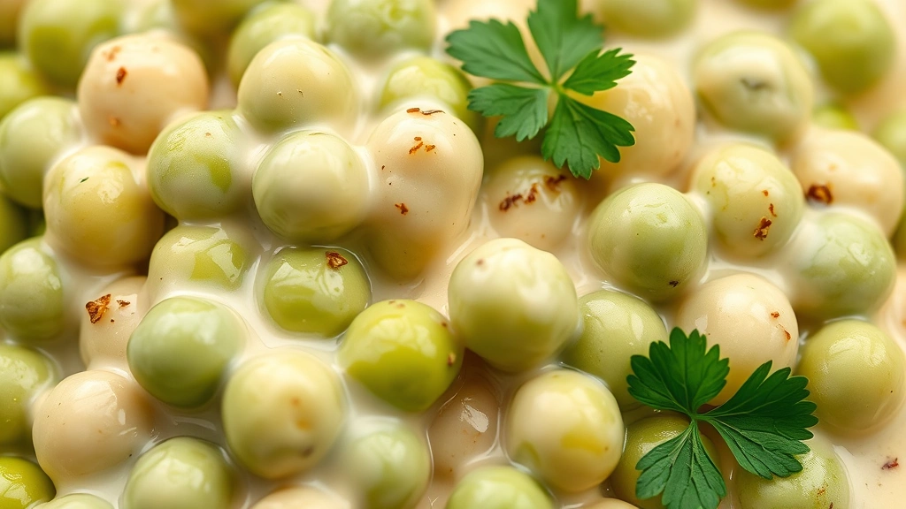 detail: close-up of tender green peas coated in silky cream sauce with nutmeg specks visible, fresh parsley garnish, photorealistic macro shot, creamy texture visible, no text