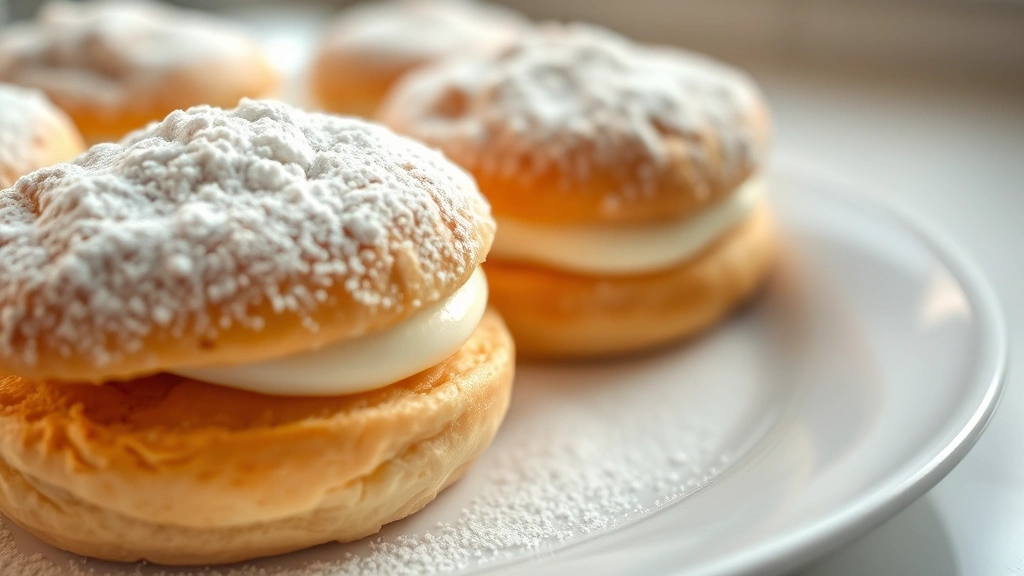 hero: elegant cream puffs dusted with powdered sugar on a white plate, close-up with shallow depth of field showing golden pastry texture, natural window light, professional food photography, no text visible