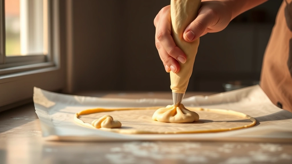 process: hand piping choux pastry dough onto parchment-lined baking sheet, golden light from side window, showing the piping technique in action, no text visible