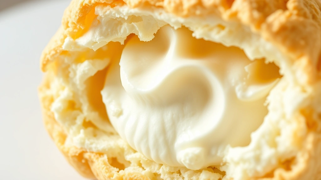 detail: cross-section of cream puff showing fluffy whipped cream filling inside the hollow pastry shell, macro photography, natural overhead lighting, no text visible