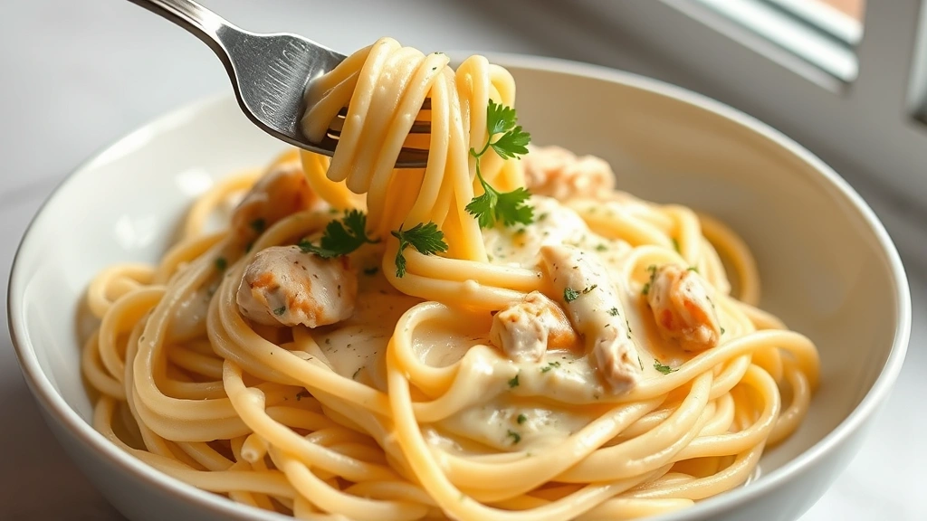 hero: creamy chicken alfredo pasta in white bowl with fresh parsley garnish, fork twirling fettuccine, photorealistic, natural window light, elegant plating, no text