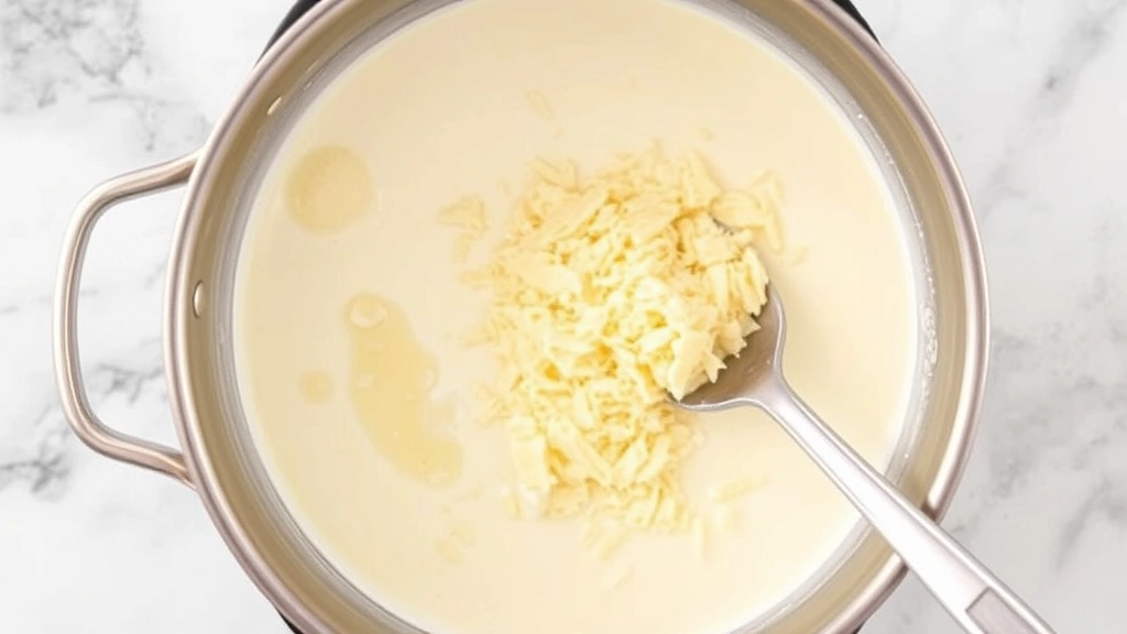 process: melting butter and cream in saucepan with grated Parmesan cheese being stirred in, photorealistic, overhead shot, natural kitchen light, no text