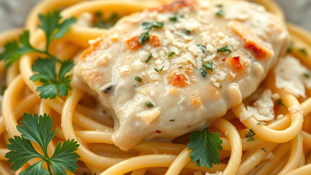detail: close-up of creamy sauce coating fettuccine noodles with chicken piece, fresh parsley, and Parmesan shavings, photorealistic, shallow depth of field, warm lighting, no text