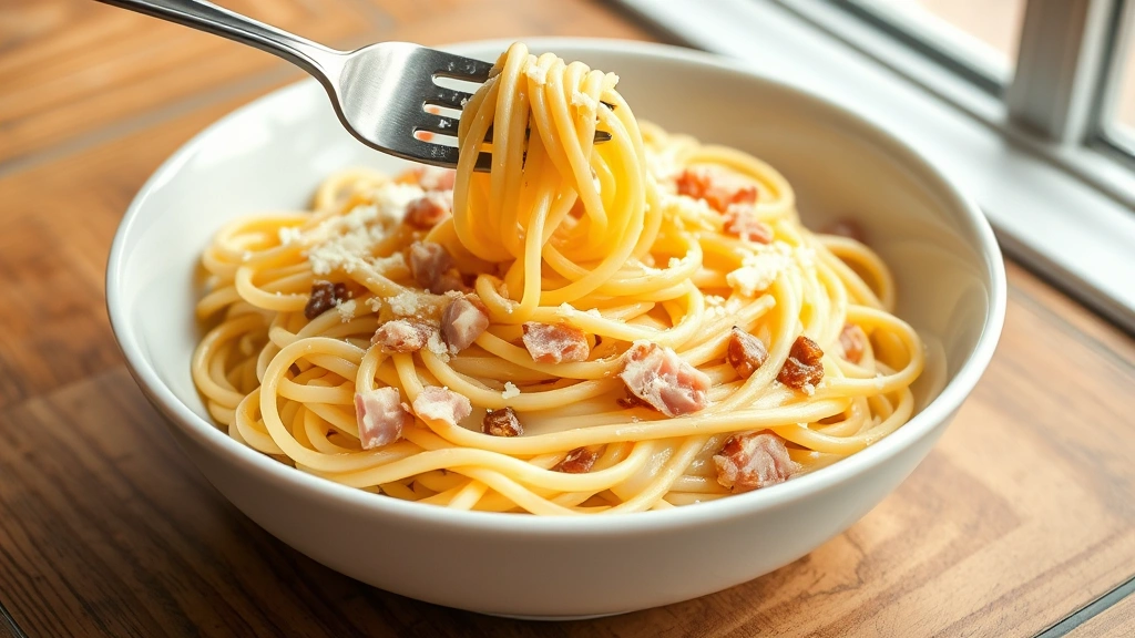 hero: creamy carbonara pasta in white bowl, silky sauce coating spaghetti, guanciale bits visible, grated Pecorino Romano on top, fork twirling pasta, natural window light, wooden table background, no text