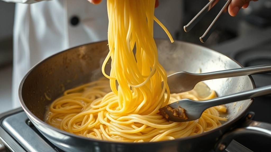 process: chef tossing hot pasta with egg mixture in skillet, steam rising, guanciale rendering in pan, golden fat visible, stainless steel tongs, natural kitchen light, no text