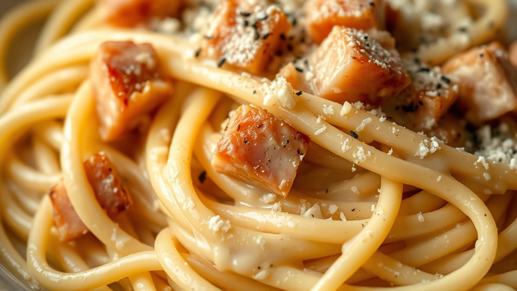 detail: close-up of creamy carbonara, individual strands of pasta coated with silky sauce, crispy guanciale cubes, freshly cracked black pepper, grated cheese, shallow depth of field, warm lighting, no text
