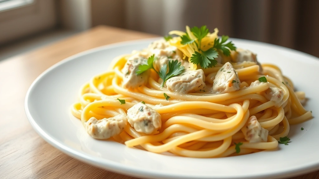 hero: creamy chicken fettuccine alfredo on white plate with fresh parsley and lemon zest garnish, photorealistic, natural window light, no text